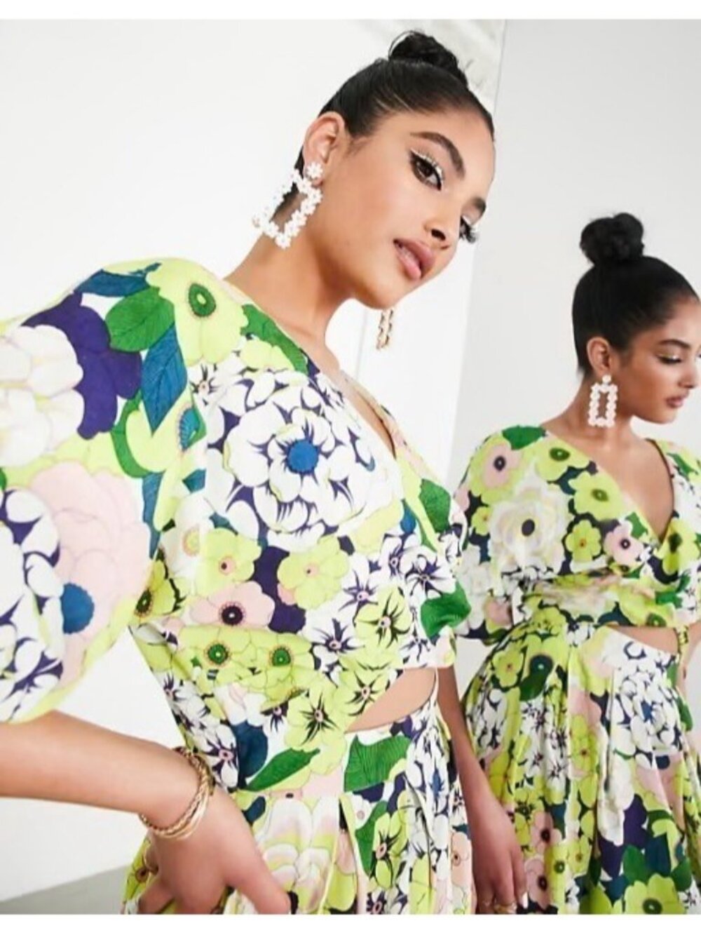 ASOS Designs Wrap Front Linen Midi Dress With Blouson Sleeve Floral NWT Size 12 - Picture 2 of 6